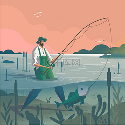 在池塘图片_男子站在池塘里钓鱼竿钓鱼