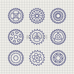 直线齿轮图标集草图线条齿轮图标