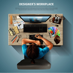 装饰设计师矢量图片_女性设计师的工作场所表与电脑相
