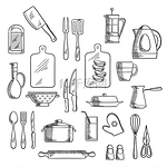 厨房用具和器具素描图标包括茶壶和咖啡壶、刀子、叉子和勺子、杯子、玻璃杯和水壶、抹刀和切菜板、刨丝器和擀面杖、电水壶和锅、搅拌器、剪刀和漏勺、盐和胡椒瓶。