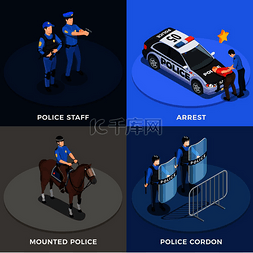 警察等轴测概念图标集与逮捕符号