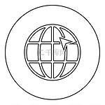 地球网格上的箭头全球互联网概念单击网站上的箭头想法使用网站图标在圆形轮廓黑色矢量插图平面样式简单图像