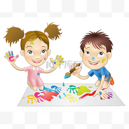 手绘两个女孩图片_两个年轻孩子们在玩油漆