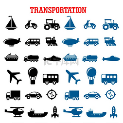 平面热气球素材图片_平面交通图标设置有汽车、公共汽
