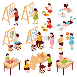 儿童创意画图片_等距儿童儿童创意艺术学校一套孤