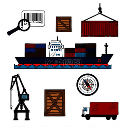 港口卡车图片_航运和交付行业图标，包括集装箱