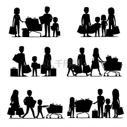 超市篮子矢量图图片_购物人群的黑色剪影家庭购买和携