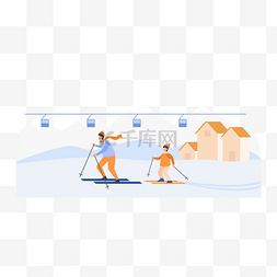 滑雪背景矢量图片_雪地父子滑雪扁平风格插画
