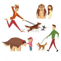 手绘卡通宠物狗图片_人们散步和玩他们的狗设置, 犹特
