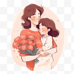鲜花插画背景图片_妈妈手里抱着孩子和鲜花