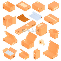 脐橙纸箱包装图片_等距纸板箱设置有孤立的图标和纸
