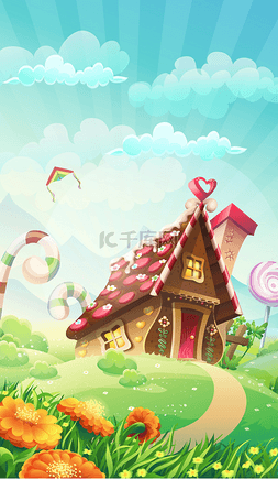 红色屋顶的房子图片_在草地上-矢量插画卡通糖果屋
