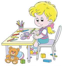 小女孩漫画背景图片_笑着坐在玩具中间的小女孩，用彩