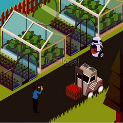 无人机插图图片_农业机器人等距背景与机器人农场