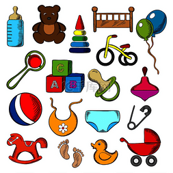人床图片_婴儿、幼稚和童年的图标设置有玩