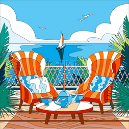卡通旅行休闲插图图片_阳台上有两把两把扶手椅俯瞰大海