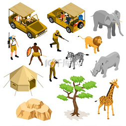 大象矢量素材图片_等距彩色图标配有狩猎车持枪男子