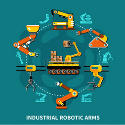 工厂机器人图片_机器人手臂圆形构图黄色铁臂排列
