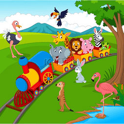 旅行卡通背景图片_铁路与野生动物卡通列车