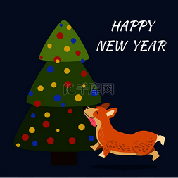 新年快乐可爱的海报，狗跑到圣诞