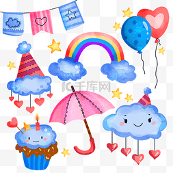 生日彩旗矢量图片_雨天雨滴云朵彩虹派对水彩画