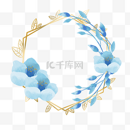 金边蓝色花朵植物婚礼边框