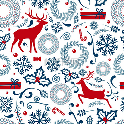 松树雪花图片_圣诞图案由许多图标、糖果和花环