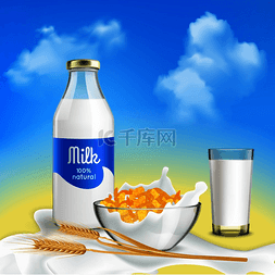 食物海报素材图图片_健康早餐与天然牛奶和谷物片碗现