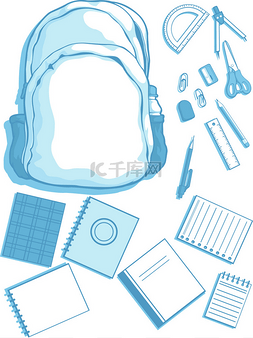 蓝色的背包图片_可自定义的矢量的书包和学习用品