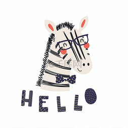 斑马斑马图片_手绘可爱的滑稽斑马在弓领带和眼