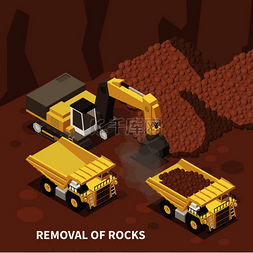 机械图背景图片_采矿机械等距背景与挖掘机和两辆