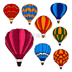 彩色空中气球图片_现代热气球雕刻草图，用于旅行、