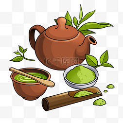 茶背景清新图片_抹茶茶具用品插画风格棕色