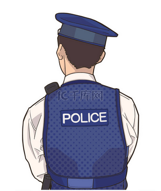 年轻男性警官身穿制服, 站在他的背部孤立的插图