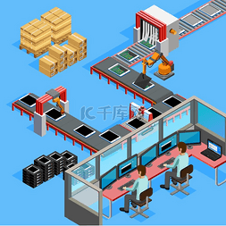 生产线设备图片_输送机生产线操作员等距海报。
