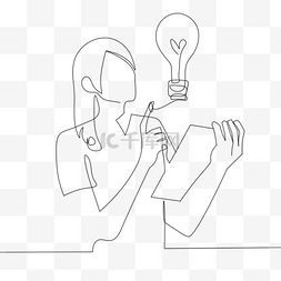 创意灯泡想法图片_抽象线稿风思考中的女生和创意灵