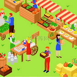 人物构图图片_农场当地市场等距构图带有食品展