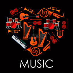 爱音乐心形图标由乐器的平面图标