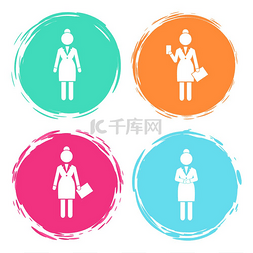 女商人图标图片_一组圆形框架中不同颜色的女商人
