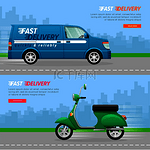 运输两个汽车图标的集合白色线条的蓝色送货小货车快速四轮运输工具孤立的绿色踏板车的插图平面卡通设计矢量运输两个汽车图标集