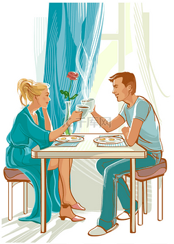 对幸福的夫妇经常在厨房吃早饭.