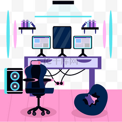 粉色和蓝色平面游戏室内房间插图