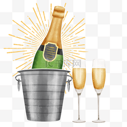 水彩香槟铁桶和酒杯