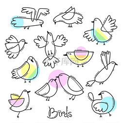 各种动物矢量素材图片_设置各种抽象鸟类简洁的线条设计