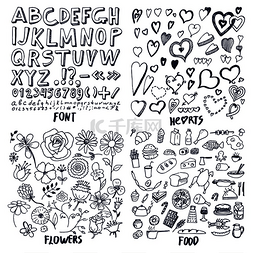 模板排版图片_一组字体心花和食物模板矢量插图