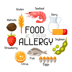 健康广告海报图片_食物过敏背景与过敏原和符号。医