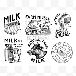 卡通徽章矢量图片_牛奶盒。奶牛和女农民、挤奶女工