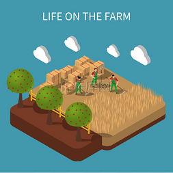 农场景观图片_农场生活等距构图农业工人在乡村