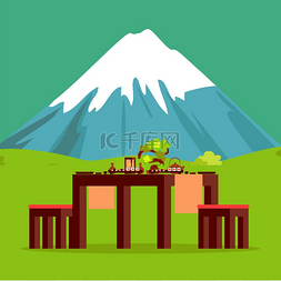 茶壶与茶图片_日本餐厅餐桌与地平线矢量上的山