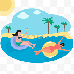 夏季海边素材图片_游泳圈女孩夏季海边人物插画